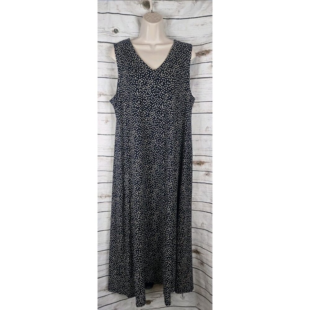 J Jill Wearever Navy Polka Dot A-Line Dress L Midi Sleeveless Rayon Cutout
